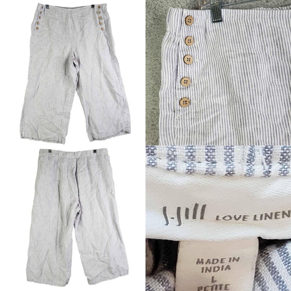 J. Jill Light Gray Striped Linen Wide-Leg Crop Pants